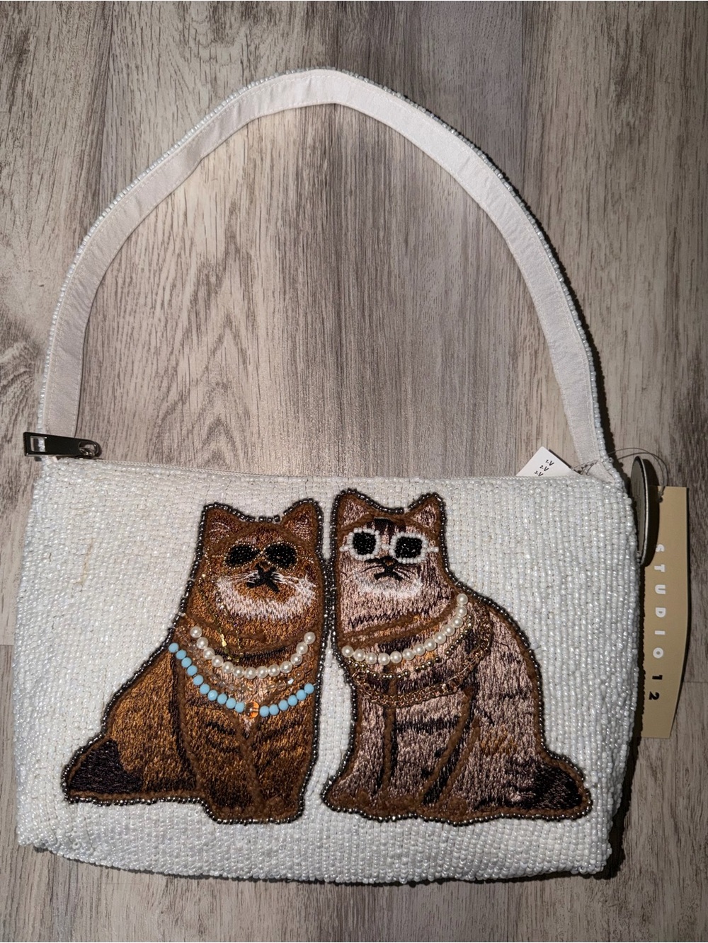 Beaded Cat Couple Embroidered Shoulder Purse Bag NWT
